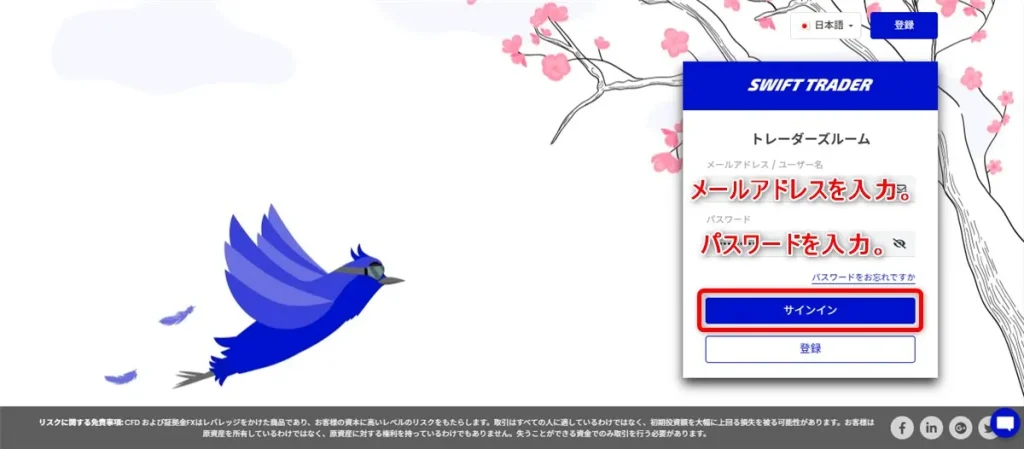 SwiftTraderの口座開設時の登録情報を入力して「サインイン」をクリック
