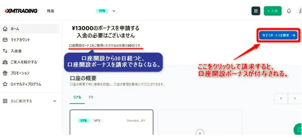 XMTradingの口座開設ボーナスは会員ページから請求すれば受け取り可能